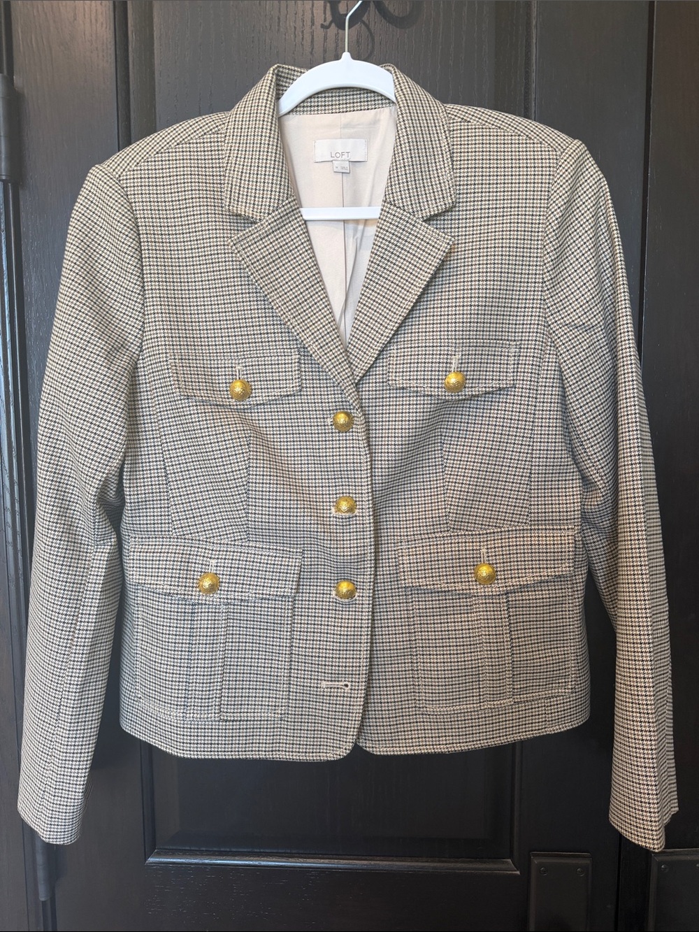 LOFT Women's Black/Tan/Green Checked Blazer with Gold Buttons. Size medium.